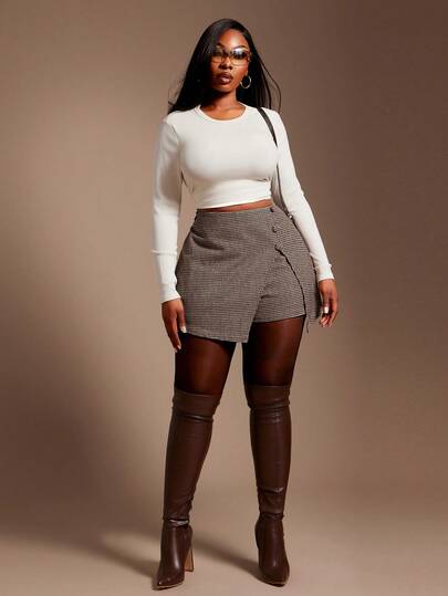 Radiana Plus Size Women's Vintage Unique Brown Houndstooth Wool High Waist Shorts/Mini Skirt/Skort, Maillard Color Palette, Business Casual Bottoms, Suitable For Casual, Commuting, Office And Party Occasions (Autumn/Winter)