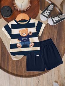 SHEIN Playful Pals Baby Boy Fashionable & Comfortable Casual Crew Neck Short Sleeve T-Shirt Set, Featuring Cute Bear & Striped Allover Print Design, Loose Fit Crew Neck Tee, Spring/Summer Outfit, Streetwear, Suitable For Outdoor Picnic, Street Photography, Campus, Holidays, Gifts - Multicolor - View 3