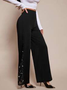 SHEIN PETITE Ladies Elegant Mesh & Glitter Splice Black Slim Straight Leg Pants, Fit For Commuting, Casual And Daily Wear, Spring/Summer - Black - View 5