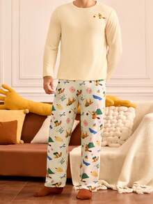 Notgurli Men Cartoon Print Long Sleeve Pants Pajama Set - White - View 7