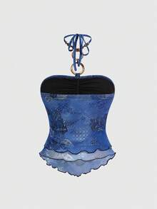 ROMWE J-Fashion Vintage Cashew Flower Print Strapless Backless Top For Women - Blue - View 2