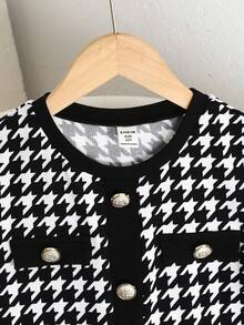 SHEIN Gaun Rajut Kasual Modis Serbaguna untuk Anak Perempuan Remaja, Motif Patchwork Huruf dan Logo, dengan Ikat Pinggang, Cocok untuk Akhir Pekan, Jalan-jalan Santai, dan Kembali ke Sekolah. - Khaki - View 4