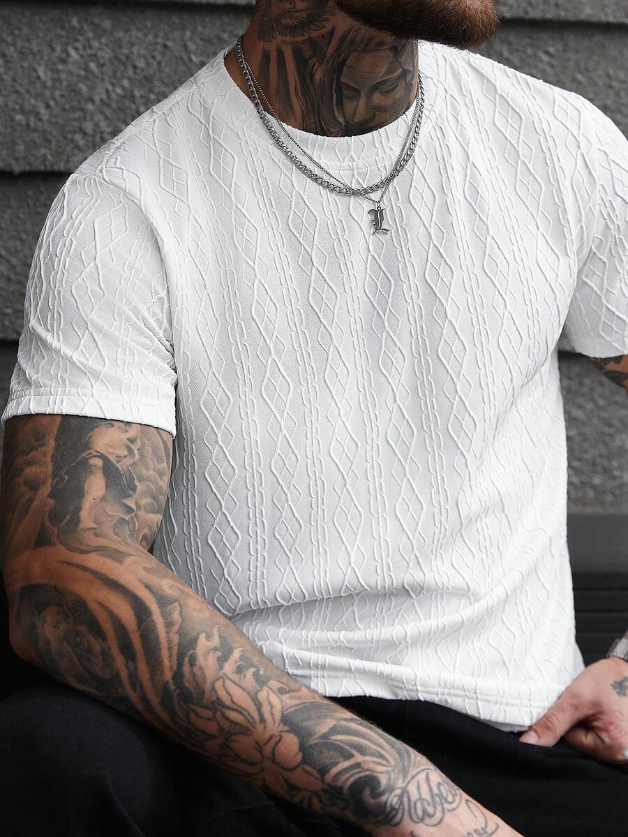 Manfinity CasualCool Men's Casual Solid Color Textured Short Sleeve T-Shirt, Summer White T Shirt For Men - White - View 1