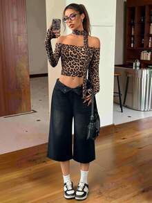 SHEIN EZwear Women Off Shoulder Long Sleeve Slim Elegant Charming Leopard Print T-Shirt - Multicolor - View 4