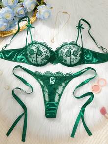 SHEIN 2pcs Women's Burgundy Romantic Embroidery Lace-Up Thong Lingerie Set - Green - View 3