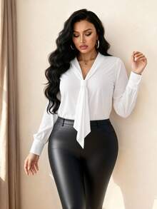 Elenzga Plus Size Women's Solid Color Tie Neck Design Long Sleeve Elegant Office Shirt, Autumn Fall Cloth For Women