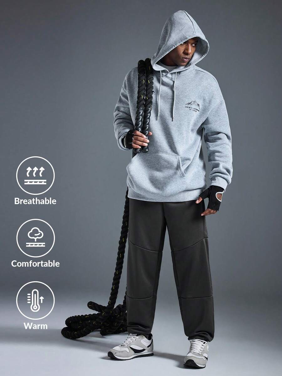 Driftmere 男士休闲街头野花山印花宽松抓绒连帽衫，引领时尚潮流，保暖舒适，适合运动户外，日常休闲运动上衣 - 深灰色 - 查看 1