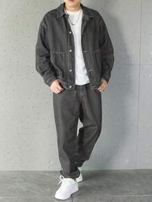 Manfinity Homme Men's Casual Denim Jacket And Pants Set, Single-Breasted Men 2 Piece Set - Grey - View 5