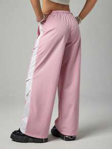 SHEIN PETITE Damen Kontrast-Farbblock Elastischer Bund Kordelzug Lässige Gerade Lose Sportliche Hose