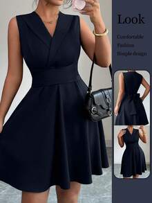 Elenzga Đầm không tay thắt nơ màu trơn thanh lịch cỡ lớn cho nữ - Màu xanh hải quân - Xem 1