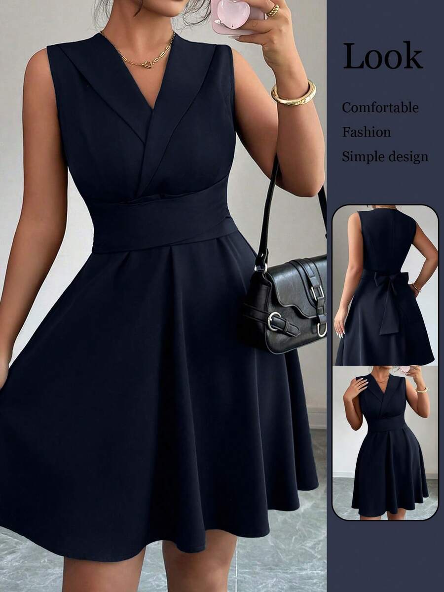 Elenzga Đầm không tay thắt nơ màu trơn thanh lịch cỡ lớn cho nữ - Màu xanh hải quân - Xem 1