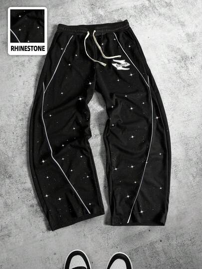 Pantalones de chándal holgados con cordón de cintura y lentejuelas brillantes para hombre