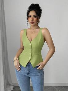 Elenzga Women's Solid Color Single-Breasted Casual Versatile Thick Strap Tank Top - Green - View 7
