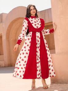 1 Piece Teen Girls Elegant Vintage Red Rose Floral Print Maxi Dress White Autumn Holiday Celebration Wear,Long Buttoned Sleeves Ruffled Trim Outfit - Multicolor - View 6
