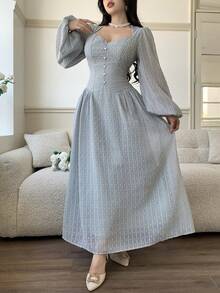 Nuevo vestido elegante con textura vintage de lunares que realza la cintura, adecuado para uso diario, fiestas y vacaciones - Verde Gris - Ver 4