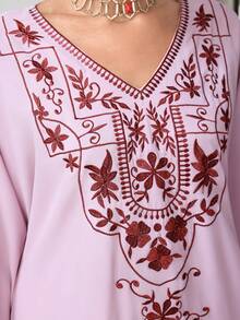 Al Najma V-Neck Embroidered Pink Elegant Loose Arabic Style Dress Kaftan Jalabiya Dress - Pink - View 4
