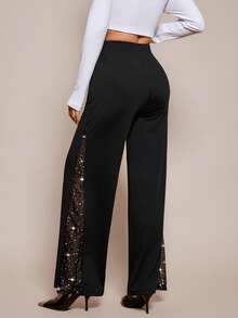 SHEIN PETITE Ladies Elegant Mesh & Glitter Splice Black Slim Straight Leg Pants, Fit For Commuting, Casual And Daily Wear, Spring/Summer - Black - View 1