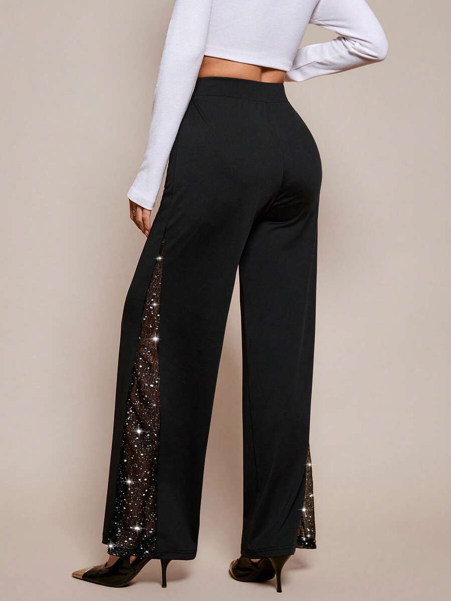 SHEIN PETITE Ladies Elegant Mesh & Glitter Splice Black Slim Straight Leg Pants, Fit For Commuting, Casual And Daily Wear, Spring/Summer - Black - View 1
