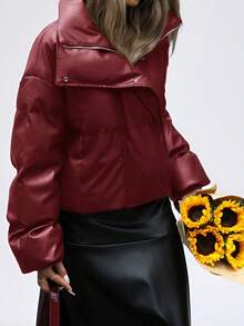 EMERY ROSE 年轻通勤风宽松PU皮革质感宽翻领加厚羽绒服，罗纹袖口，保暖防寒，仿皮飞行员夹克，填充物为聚酯纤维，合成保暖材料，冬季外套，带羊羔绒内衬。 - 紅色 - 查看 4