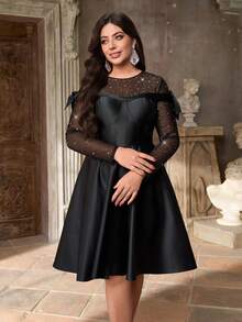 Aureia 大码优雅奢华浪漫黑色圆领长袖蝴蝶结袖A字裙摆连衣裙，适合派对、约会、宴会、婚礼、晚宴、情人节等场合。 - 黑色 - 查看 7