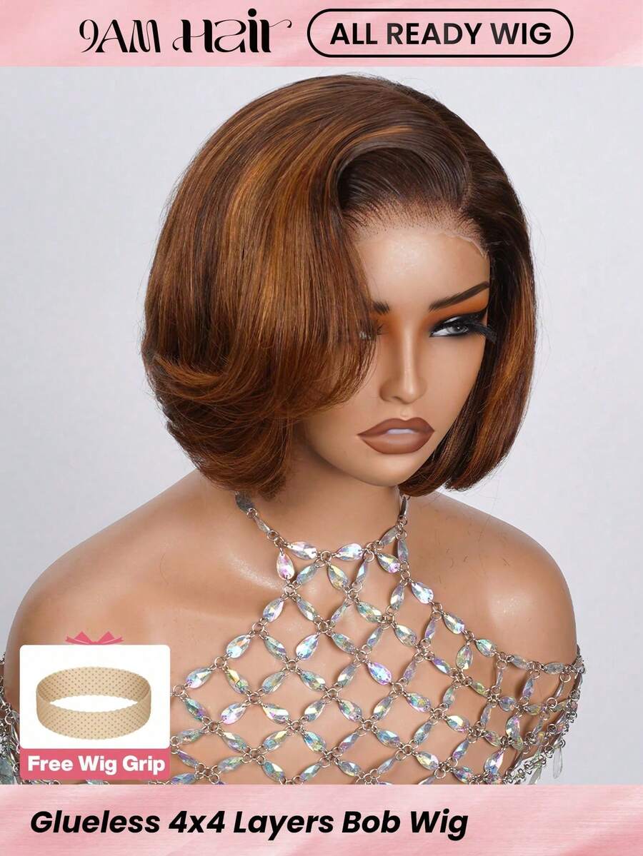 ALL READY WIG Wear Go 无胶鲍勃假发，100% 雷米真人发质，夏季短款鲍勃假发，预造型分层剪裁，4x4 预剪蕾丝，预拔发际线，预漂白，全效假发，180% 密度，4/30# 挑染巧克力棕色头发，优雅别致的女老板造型