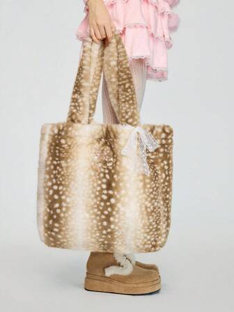 Fairycore 1 pieza Bolso de hombro de gran capacidad de mujer de alta calidad con diseño de ciervo de peluche y lazo