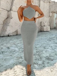 Breezaya 2pcs/Set Casual Backless Halter Knit Top And Skirt - Light Grey - View 3