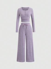 Sweetra Women Light Purple Ribbed Fabric 2-Piece Set,Fall Winter Casual Lounge Plush Ruched Design Adjustable Waistband Textured Open Front Outfit - Purple - View 3