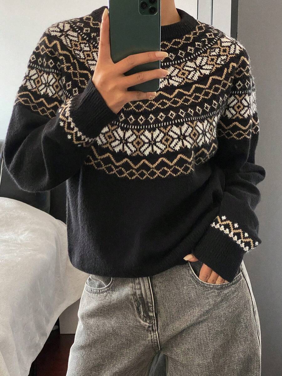 DAZY Áo len dệt kim Jacquard cổ tròn, dáng rộng mềm mại, phong cách retro thoải mái - màu đen - Xem 1