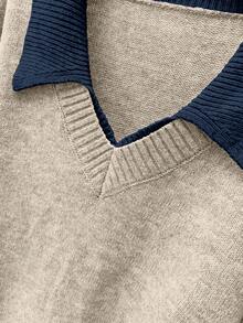 SHEIN PETITE CURVE Áo len dài tay cổ chữ V phối màu xám cỡ lớn, thoải mái khi đi làm. - Màu be - Xem 5