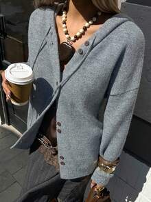 DAZY Women's Casual Loose Fit Solid Color Hooded Sweatshirt, Suitable For Office, Commuting, Autumn/Winter - Grey - View 5