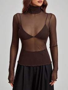 SHEIN Tall 斯德哥尔摩风格，2025女士夏季新款系列，高领毛领上衣，适合春夏穿着，新年女士上衣，网纱长袖透视上衣 - 棕色 - 查看 2