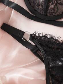 Floral Lace Bra & Panty Lingerie Set - Black - View 5