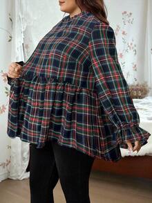 SHEIN CURVE+ 2025年新款红色格子印花女式梭织衬衫，适合秋冬季节，尺码齐全，圣诞节必备 - 綠色 - 查看 6