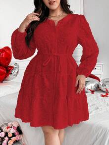Vionelle Vestido de manga larga con cuello mao, abertura frontal y bajo jacquard, con elementos de San Valentín como rosa, corazón, lunares, amor, labios, cupido, flor 94D en tallas grandes - Rojo - Ver 4