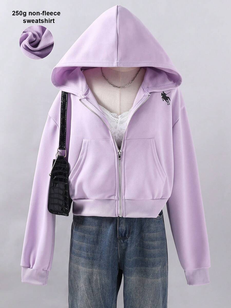 Sparklyn 少女休闲宽松短款开襟加厚卫衣，韩版风格，适合秋冬季穿着 - 紫色 - 查看 1