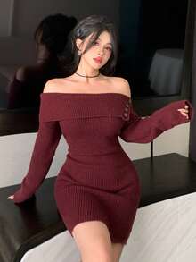 DAZY Đầm len ngắn trễ vai thiết kế bất đối xứng thanh lịch, thích hợp cho mùa thu, đông, Tết Nguyên Đán và Giáng sinh. - Màu Đỏ Sâu - Xem 7