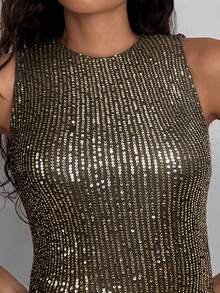 Siren Gaze Camiseta de mujer con cuello redondo y diseño de lentejuelas, versátil y elegante para fiestas - Negro - Ver 6