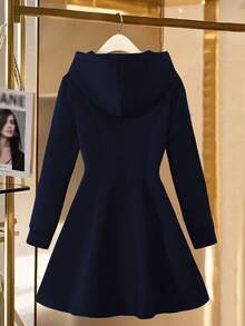 Modelyn Plus Size Solid Color Hooded Waist A-Line Elegant Dress - Navy Blue - View 2