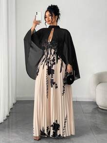 Elenzga Bộ đồ liền thân 2 mảnh họa tiết hoa cỡ lớn dành cho nữ, khăn choàng voan thanh lịch hai mảnh cho mùa xuân/thu Đầm maxi không dây xếp nếp họa tiết hoa gợi cảm dành cho nữ, Đầm dài chữ A hở lưng xếp nếp không tay thanh lịch, thích hợp cho các bữa tiệc, khăn choàng và khăn choàng cho nữ, thích hợp cho váy dạ hội, khăn choàng voan - Màu be - Xem 5