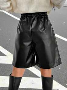 SHEIN EZwear 女士纯色高腰PU皮革褶皱宽松百慕大短裤