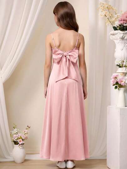 Pitira Tween Girls Partywear Hem Pleated Side Satin Spaghetti Strap Bridesmaid Dress Elegant Formal Evening Prom Wedding Guest Gown, For Graduation, Dinner Party Dress Bridesmaid Dress Girl Pink Long Dress Cute Long Dresses Pink Dress With Bow Junior Formal Dress Blush Pink Teenage Prom Dress