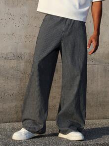 Manfinity EMRG 男士竖条纹休闲宽松提花牛仔裤 - 中等水洗藍 - 查看 5