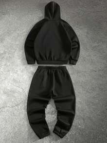 PAVTROS Conjunto casual de dos piezas con capucha y cordón, con impresión de letras, ropa de otoño para hombres - Negro - Ver 6