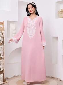 SHEIN Ramadan New Loose Casual Crew Neck Pattern Long Sleeve Robe For Teen Girls, Pink Robe, Traditional Arabic Clothing, Kaftan, Jalabiya, Abaya Robe, Ramadan, Matching Sister, Mother-Daughter - Pink - View 6