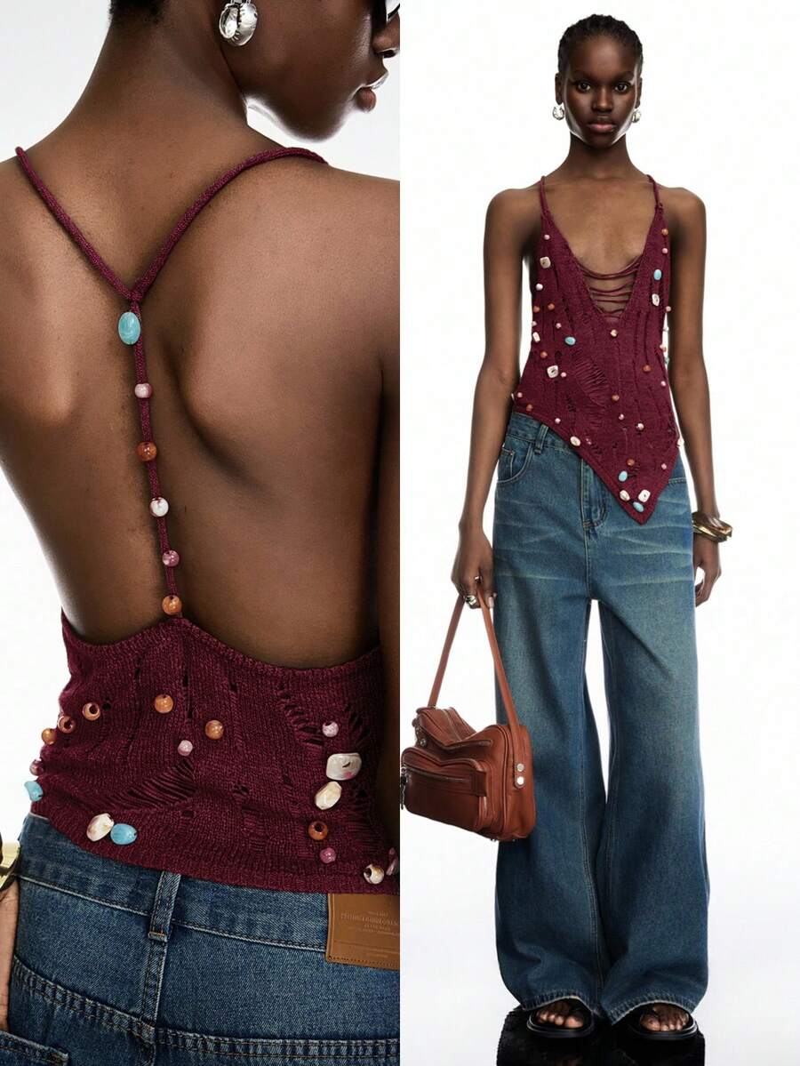 LYSMO 女士酒红色串珠做旧性感吊带背心，露背上衣 - 酒紅色 - 查看 1