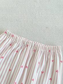 SHEIN 2件套少女时尚爱心条纹印花休闲舒适撞色领长袖开衫和宽松长裤家居服套装 - 粉色 - 查看 8