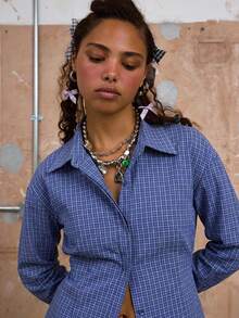 COUREZ 格纹长袖收腰衬衫 / 春季上衣 Y2K 蓝色上衣 春季优雅街头风可爱上衣 长袖衬衫 - 藍色 - 查看 3