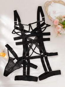 SpicyHot Ring Linked Underwire Lingerie Set With Leg Ring - Black - View 7