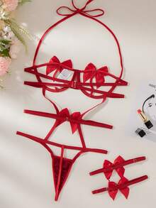 SHEIN 三件套蝴蝶結性感內衣套裝 - 紅色 - 查看 2